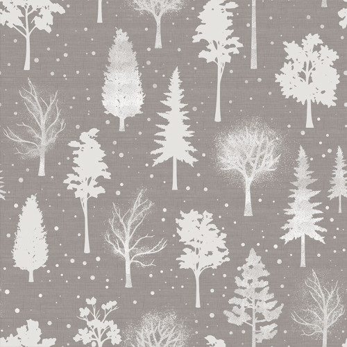 Wzór wodoodpornego materiału z motywem zimowego lasu. Na jednolitym szarym tle widoczne są białe i jasnoszare sylwetki drzew liściastych i iglastych w różnych rozmiarach, niektóre z efektem szronu. Całość uzupełniają rozsypane drobne, białe kropki imitują
