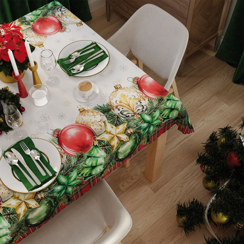 Wodoodporny materiał na obrusy z nadrukiem świątecznym, szerokość 160 cm, Bombki - sprzedawany na metry