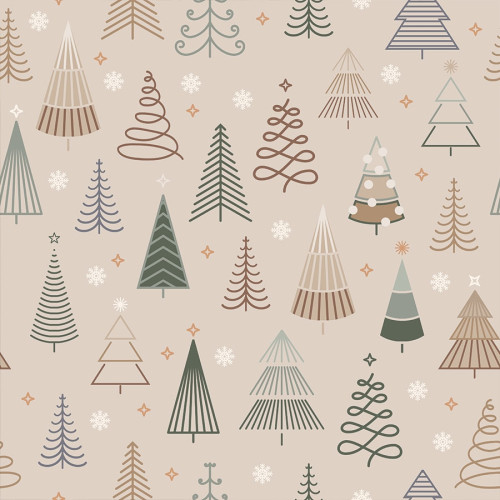 Wodoodporny materiał na zasłony lub obrusy z nadrukiem w kolorze beżowym, szerokość 160 cm, Geometryczne choinki - sprzedawany na metry