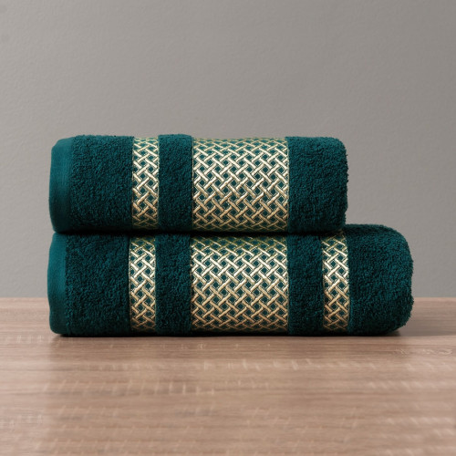 Ciemny turkusowy ręcznik bawełniany Lionel ze złotą bordiurą