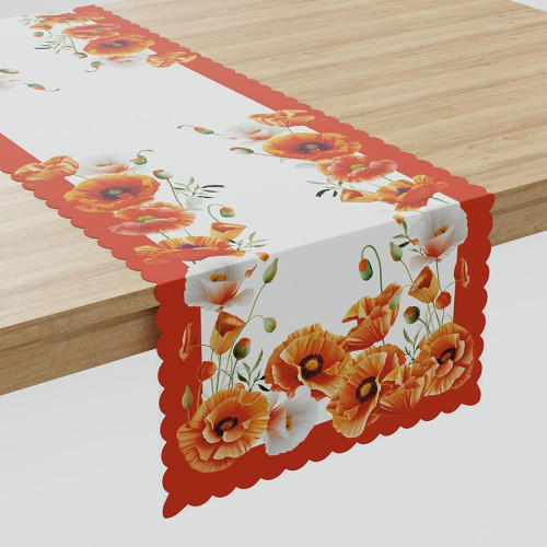 Bieżnik wodoodporny z motywem czerwonych maków i ozdobnym pasem, rozmiar 38x140 cm