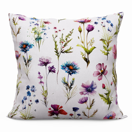 Biała poszewka welurowa z nadrukiem, rozmiar 45x45 cm, Kwiaty polne