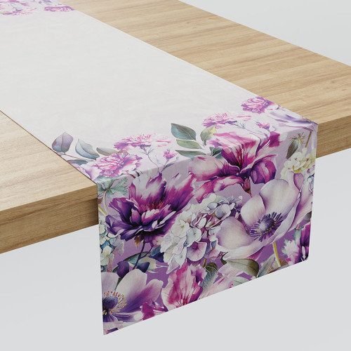 Welurowy bieżnik z motywem fioletowych kwiatów, rozmiar 38x160 cm, Wera