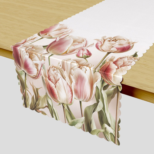 Bieżnik z tkaniny wodoodpornej, kolor biały z nadrukiem, wykończony chmurką, rozmiar  38x140 cm, TULIPAN 