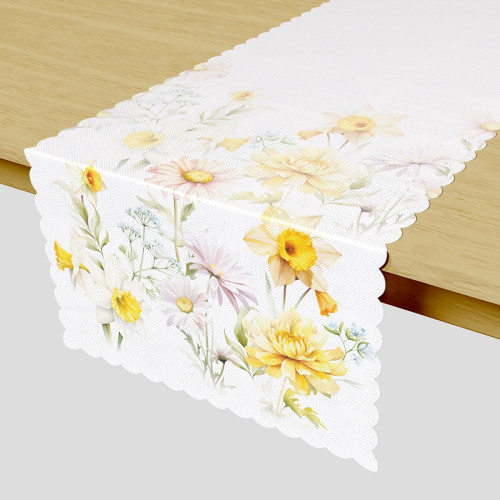 Bieżnik wodoodporny z nadrukiem, kolorystyka biało-żółta, rozmiar 38x140 cm, Wiosenna polana