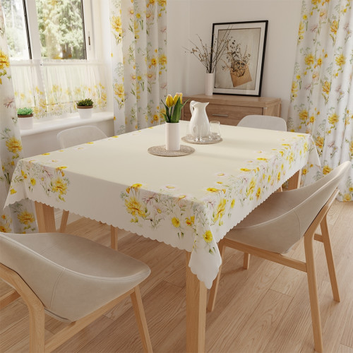 Obrus gotowy wodoodporny z nadrukiem, kolorystyka beżowo-żółto-biała, rozmiar 140x180 cm, Wiosenna polana