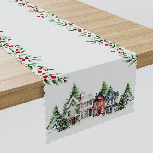 Bieżnik z białej tkaniny wodoodpornej ozdobiony świątecznym nadrukiem, rozmiar 38x160 cm, Zimowe miasteczko