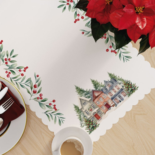 Bieżnik tkaniny wodoodpornej w kolorze białym ozdobiony świątecznym nadrukiem, rozmiar 60x120 cm, Zimowe miasteczko