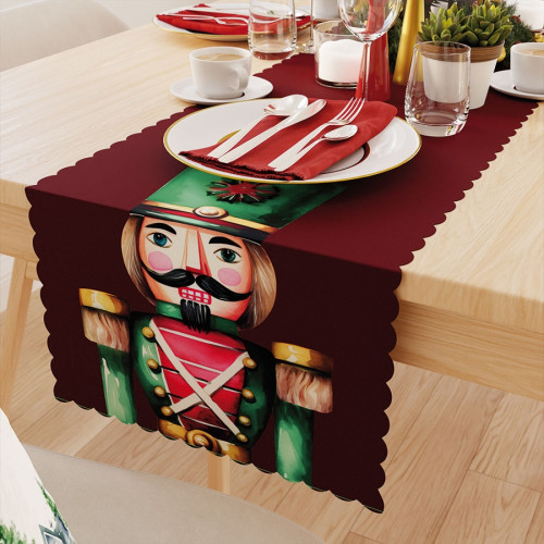 Bieżnik z tkaniny wodoodpornej w tonacji brązowej ze świątecznym nadrukiem, rozmiar 38x160 cm, Dziadki do orzechów