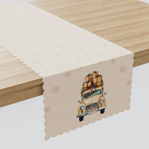 Bieżnik z tkaniny wodoodpornej, w tonacji bezowej, świąteczny nadruk, rozmiar 38x140 cm, Vintage samochód
