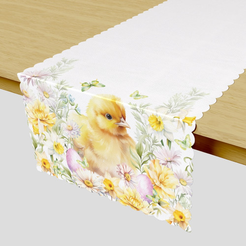 Świąteczny bieżnik wodoodporny z kolorowym nadrukiem, rozmiar 38x140 cm, Kurczak w kwiatach