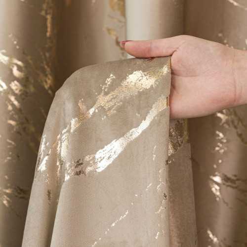 Welwetowy materiał na zasłony ze złotym nadrukiem, kolor ciemny beż, wysokość 300 cm, Marma - sprzedawany na metry