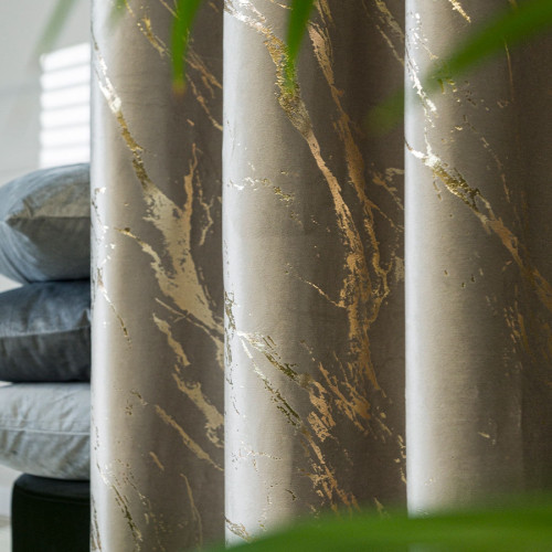 Welwetowy materiał na zasłony ze złotym nadrukiem, kolor szaro-beżowy, wysokość 300 cm, Marma - sprzedawany na metry