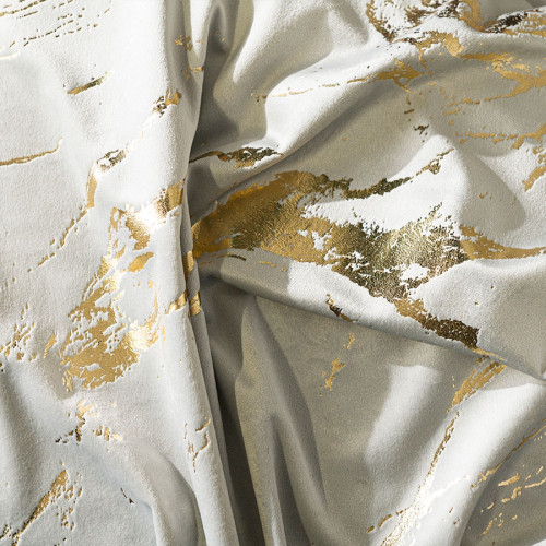 Welwetowy materiał na zasłony ze złotym nadrukiem, kolor pastelowy szary, wysokość 300 cm, Marma - sprzedawany na metry