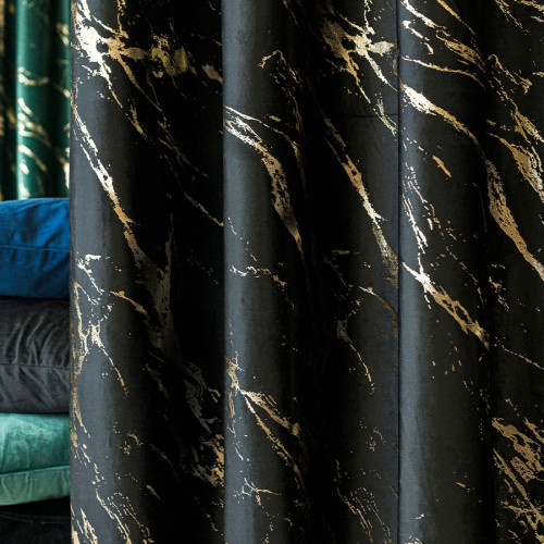 Welwetowy materiał na zasłony ze złotym nadrukiem, kolor czarny, wysokość 300 cm, Marma - sprzedawany na metry