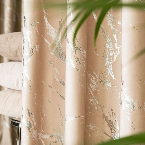 Welwetowy materiał na zasłony ze srebrnym marmurowym nadrukiem, kolor jasny beż, wysokość 300 cm, Marma - sprzedawany na metry