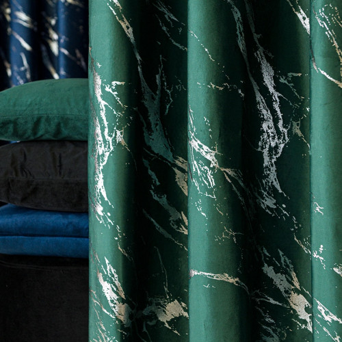 Welwetowy materiał na zasłony ze srebrnym marmurowym nadrukiem, kolor ciemna butelkowa zieleń, wysokość 300 cm, Marma - sprzedawany na metry