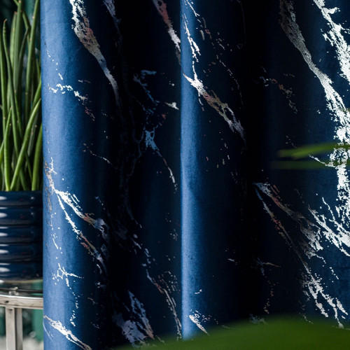 Welwetowy materiał na zasłony ze srebrnym marmurowym nadrukiem, kolor granatowy, wysokość 300 cm, Marma - sprzedawany na metry