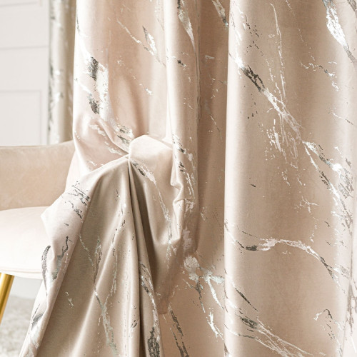 Welwetowy materiał na zasłony ze srebrnym marmurowym nadrukiem, kolor ciemny kremowy, wysokość 300 cm, Marma - sprzedawany na metry