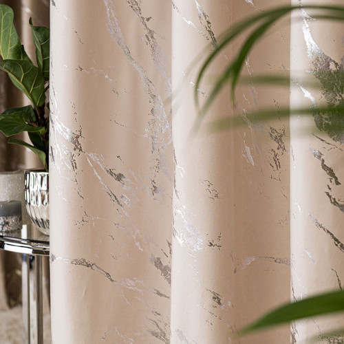 Welwetowy materiał na zasłony ze srebrnym marmurowym nadrukiem, kolor kremowy, wysokość 300 cm, Marma - sprzedawany na metry
