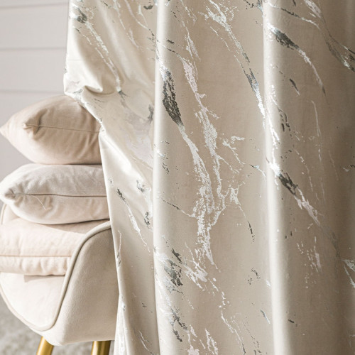 Welwetowy materiał na zasłony ze srebrnym marmurowym nadrukiem, kolor jasny kremowy, wysokość 300 cm, Marma - sprzedawany na metry