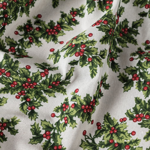Tkanina świąteczna, szerokość 140 cm, kolor biały z girlandami ostrokrzewu