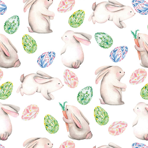 Bawełniany materiał na zasłony lub obrusy ze świątecznym nadrukiem, szerokość 140 cm, Wielkanocne króliki - sprzedawany na metry