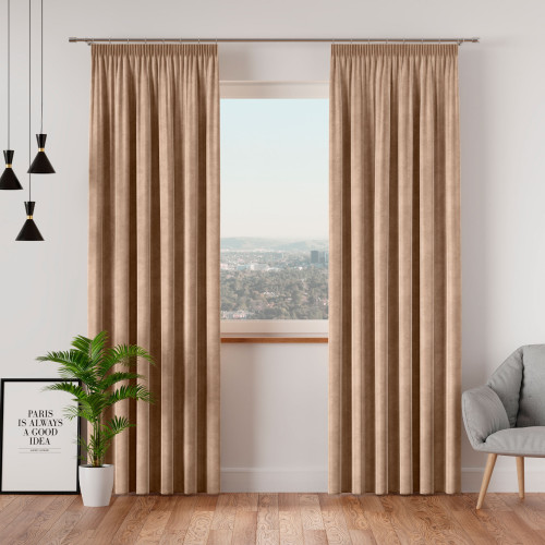 Welwetowa zasłona gotowa na taśmie Velvi, kolor ciemny beżowy, dostępna w kilku rozmiarach 