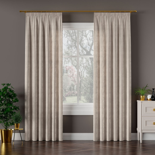 Welwetowa zasłona gotowa na taśmie Velvi, kolor szarobeżowy, dostępna w kilku rozmiarach