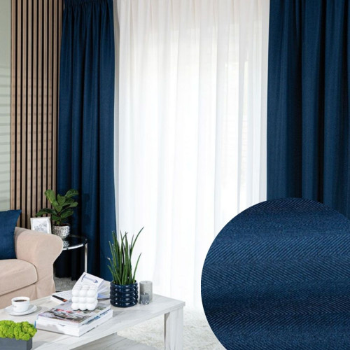 Zasłona do salonu na taśmie, kolor niebieski, Jodełka wzór poziomo - szyta na wymiar