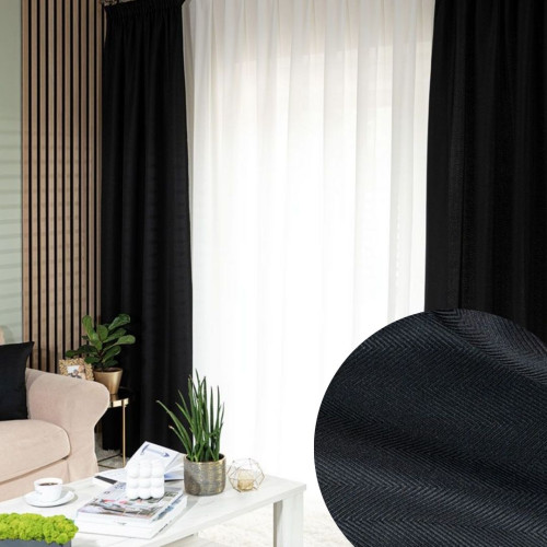 Zasłona do salonu na taśmie, kolor czarny, Jodełka wzór poziomo - szyta na wymiar