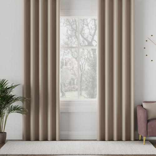 Zasłona do salonu z tkaniny zaciemniającej typu blackout na taśmie, kolor chłodny beżowy, Dona - szyta na wymiar