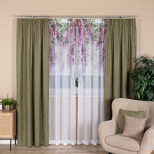 Firana gotowa z woalu na taśmie z kwiatowym nadrukiem na samej górze, rozmiar 140x250 cm, Wisteria