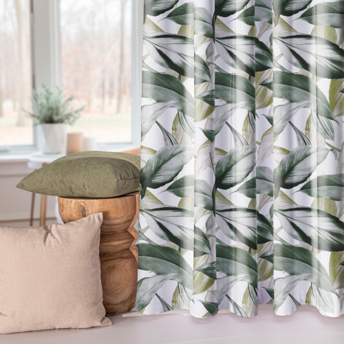 Welurowy materiał na zasłony drukowany w liście zielono-oliwkowe, szerokość 150 cm Peruga - sprzedawany na metry