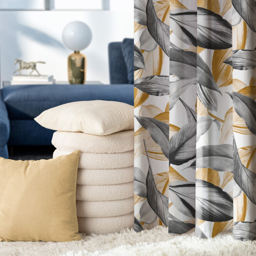 Welurowa zasłona na taśmie drukowana w liście musztardowo-szara Peruga - szyta na wymiar