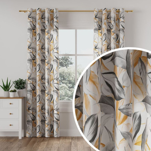 Zasłona w odcieniu musztardowym, drukowana w liście na przelotkach, Peruga - szyta na wymiar