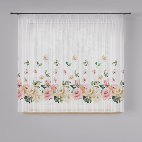 Krótka firanka woal z ołowianką na taśmie, w drukowane różnokolorowe róże, Atena - szyta na wymiar