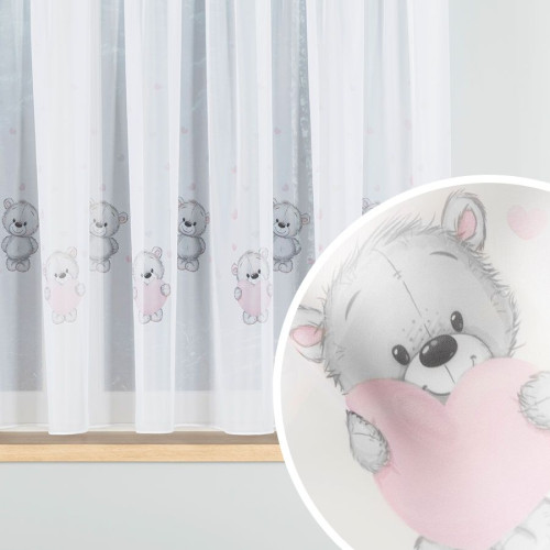 Firanka dziecięca woalowa z ołowianką, kolor biały z nadrukiem szaro-różowym, wysokość 157 cm, Misiaki - sprzedawana na metry