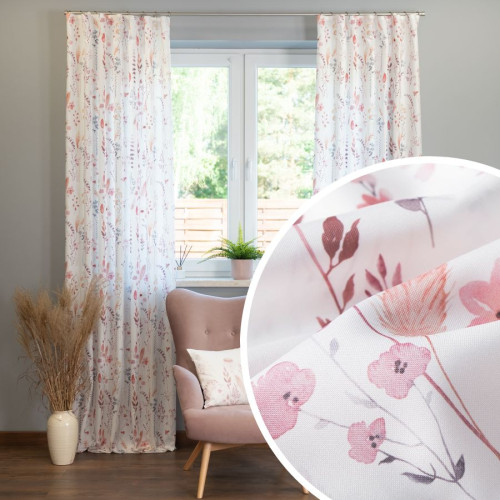 Materiał na zasłony, biały z kolorowym nadrukiem polnych kwiatów, szerokość 140 cm, Alana - sprzedawana na metry