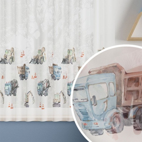 Firanka woal na taśmie wave do pokoju dziecięcego, drukowana, kolor niebieskoszary, wysokość do 157 cm, Pojazdy - szyta na wymiar