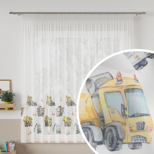 Firanka dziecięca woalowa z ołowianką, kolor musztardowy, wysokość 157 cm, Pojazdy - sprzedawana na metry