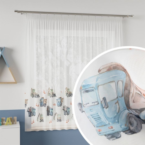 Firanka dziecięca woalowa z ołowianką, kolor niebiesko-szary, wysokość 157 cm, Pojazdy - sprzedawana na metry