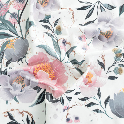 Welwetowy materiał na zasłony, biały drukowany w kwiaty, szerokość 150 cm, Flaura - sprzedawany na metry