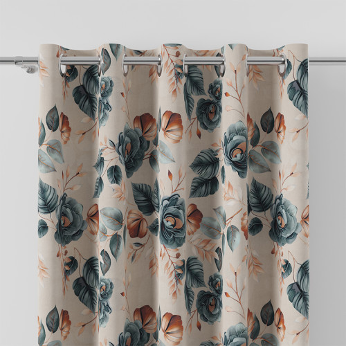 Zasłona drukowana we wzór kwiatowy na przelotkach, kolor beżowo-turkusowy, Kamala - szyta na wymiar