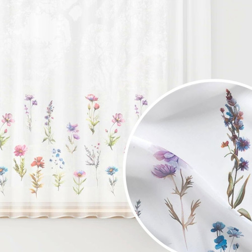 Krótka firanka z ołowianką na taśmie marszczącej, woal z kolorowym nadrukiem, wysokość do 157 cm, Kwiaty Polne - szyta na wymiar