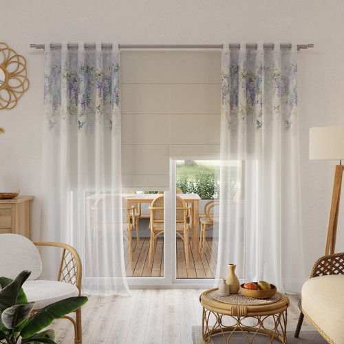 Firanka z białego woalu ze wzorem w postaci nadruku od góry, z ołowianką , wysokość 315 cm, Esti - sprzedawana na metry