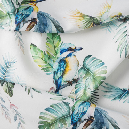 Tkanina zasłonowa z nadrukiem w  kolorowe ptaki, zielone liście, szerokość 140 cm, Felipa - sprzedawana na metry