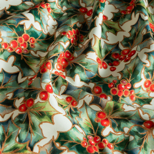 Tkanina zasłonowa drukowana, kolor zielono-czerwony, szerokość 150 cm, Ostrokrzew - sprzedawana na metry