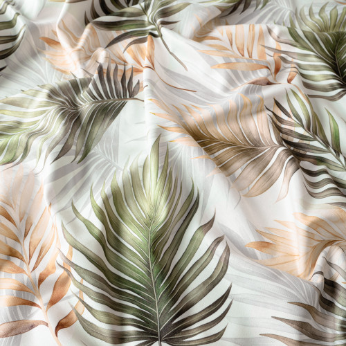 Półzaciemniający welurowy materiał na zasłony, kolor biały z nadrukiem liści w kolorze zielono-brązowy, szerokość 165 cm, Palma - sprzedawany na metry