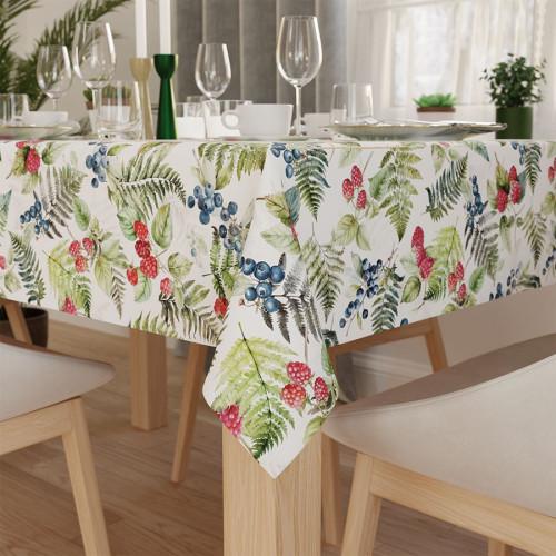 Obrus z tkaniny wodoodpornej z nadrukiem, wykończony listwą, długość do 400 cm, Leśne runo - szyty na wymiar